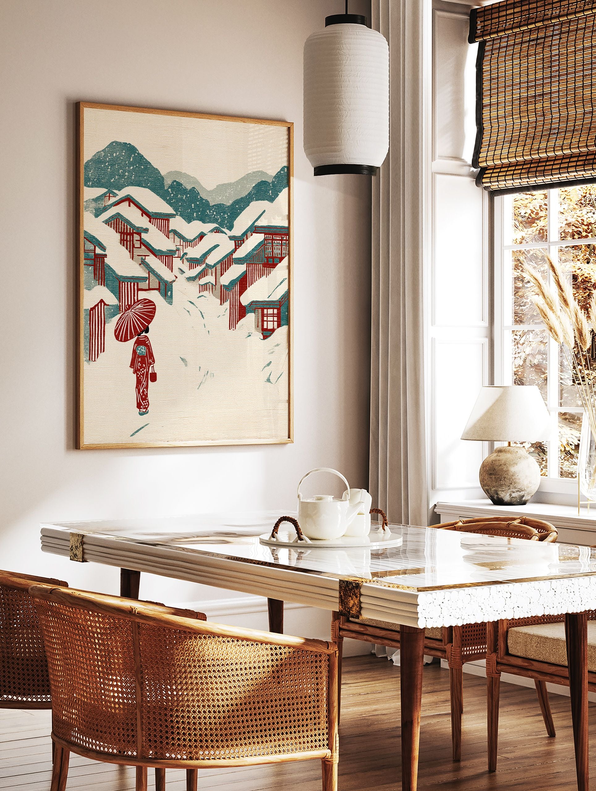 Japanese winter village wall art with snow-covered red-roofed houses, mountains, and a person in a red kimono with an umbrella. - Image 2