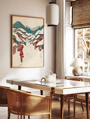 Japanese winter village wall art with snow-covered red-roofed houses, mountains, and a person in a red kimono with an umbrella. - Image 2