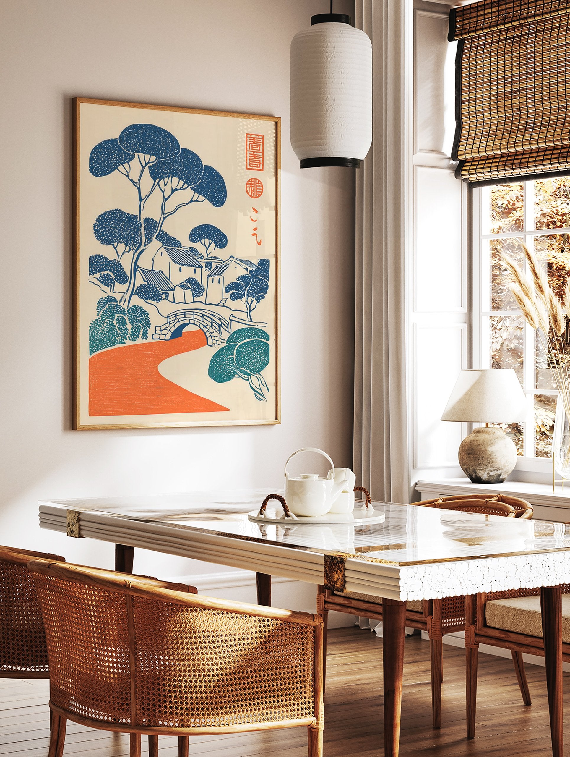 Japanese woodblock style wall art print featuring a blue and teal village landscape with an orange river and bridge. - Image 2