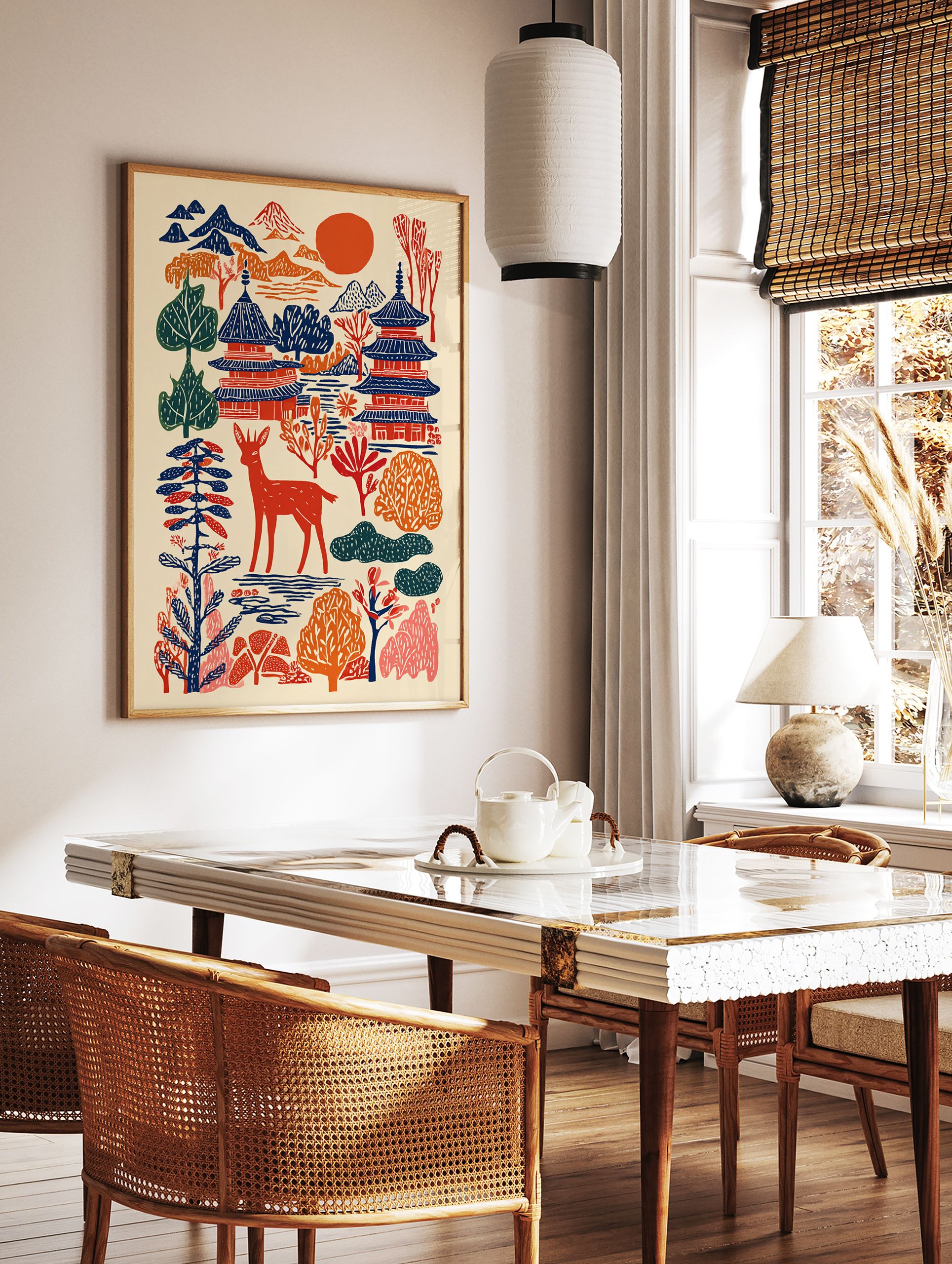 Japanese wall art print with woodcut-style pagodas, mountains, a red deer, trees, and a red sun on a cream background. - Image 2