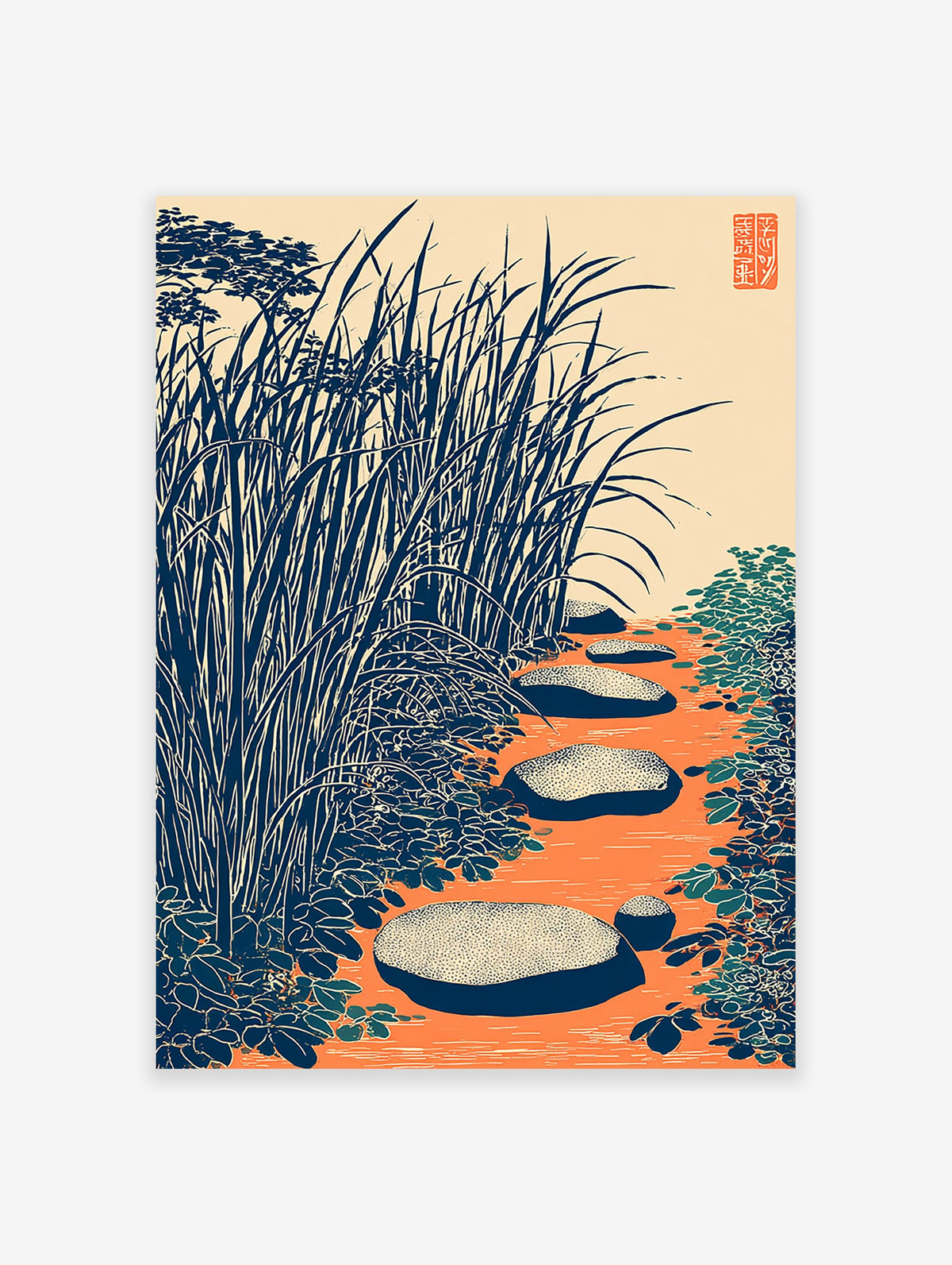 Japanese wall art print of a zen garden with stepping stones, tall blue-green grass, and orange water.