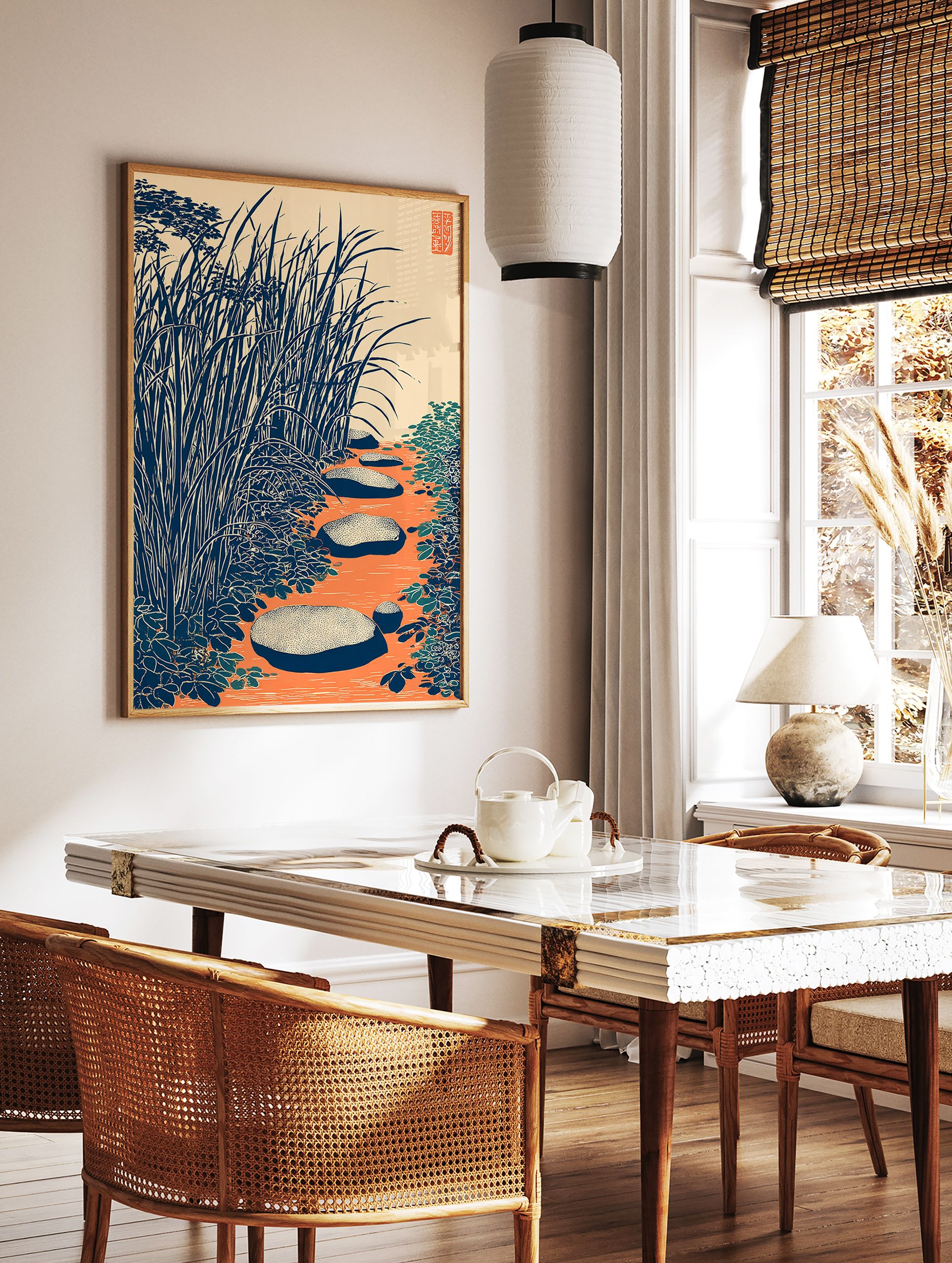 Japanese wall art print of a zen garden with stepping stones, tall blue-green grass, and orange water. - Image 2