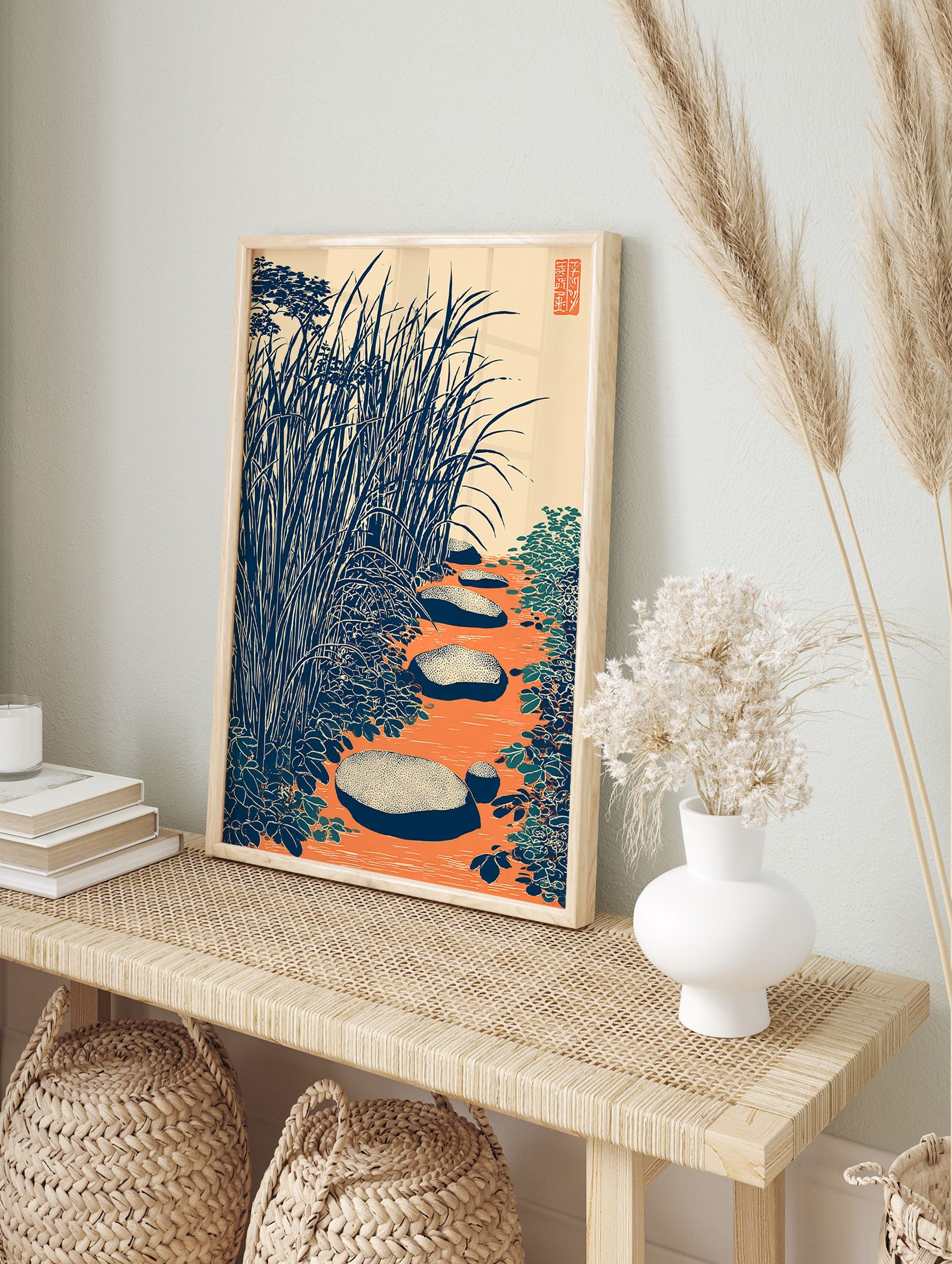 Japanese wall art print of a zen garden with stepping stones, tall blue-green grass, and orange water. - Image 3