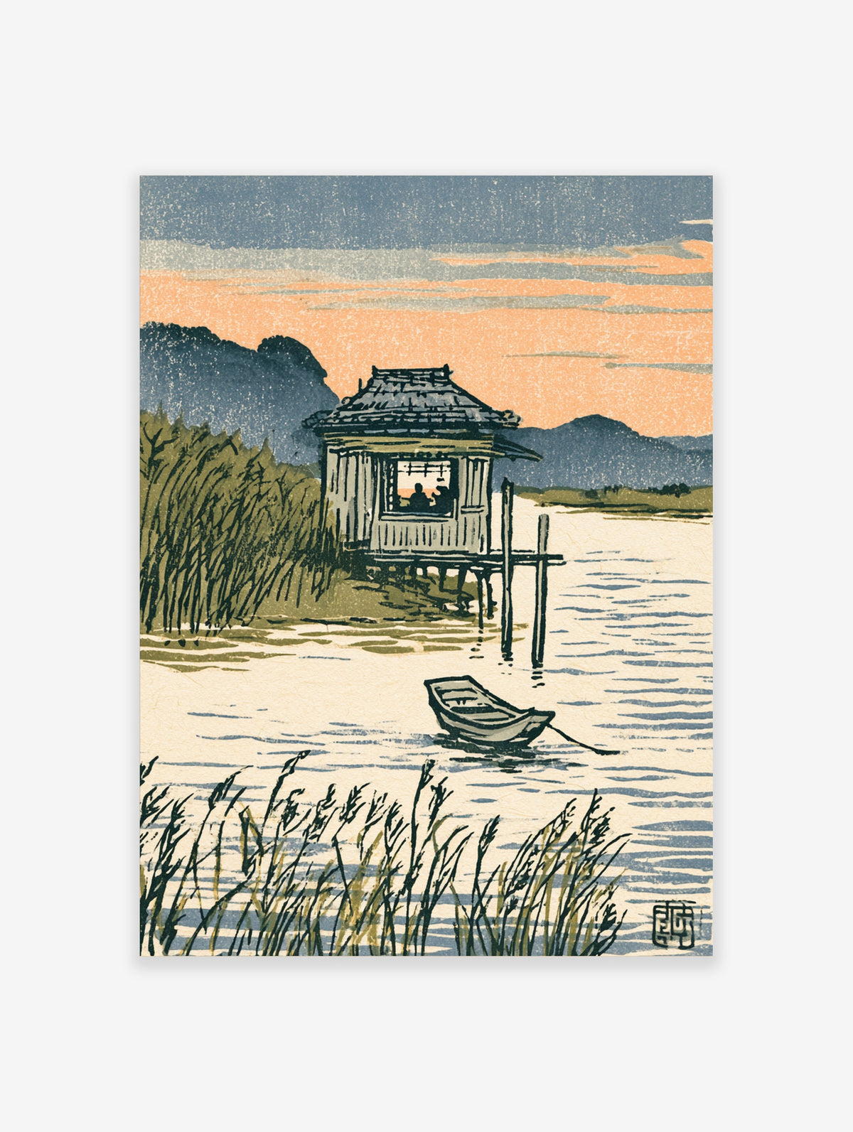 Japanese woodblock-style poster of a stilted water hut with two silhouetted figures, a rowboat, reeds, and mountains at