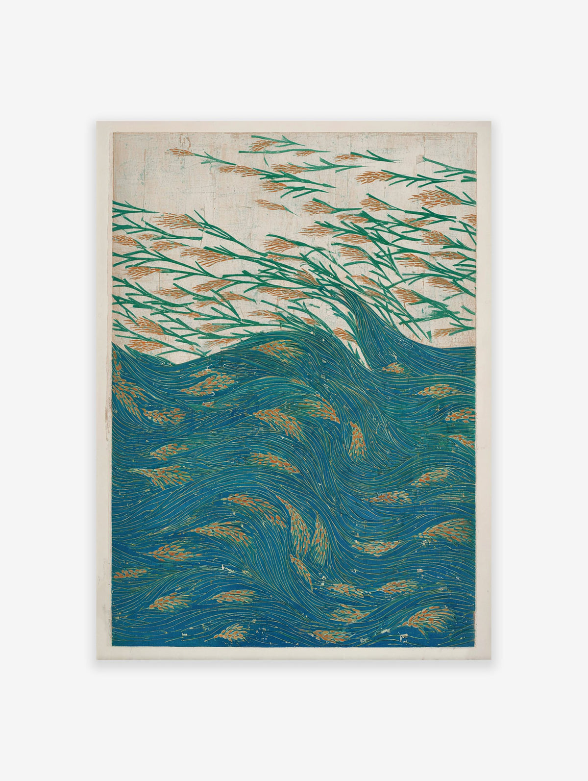 Japanese woodblock style poster of green reeds with orange tips swaying above blue water with orange elements.