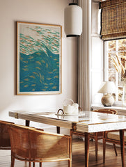 Japanese woodblock style poster of green reeds with orange tips swaying above blue water with orange elements. - Image 2