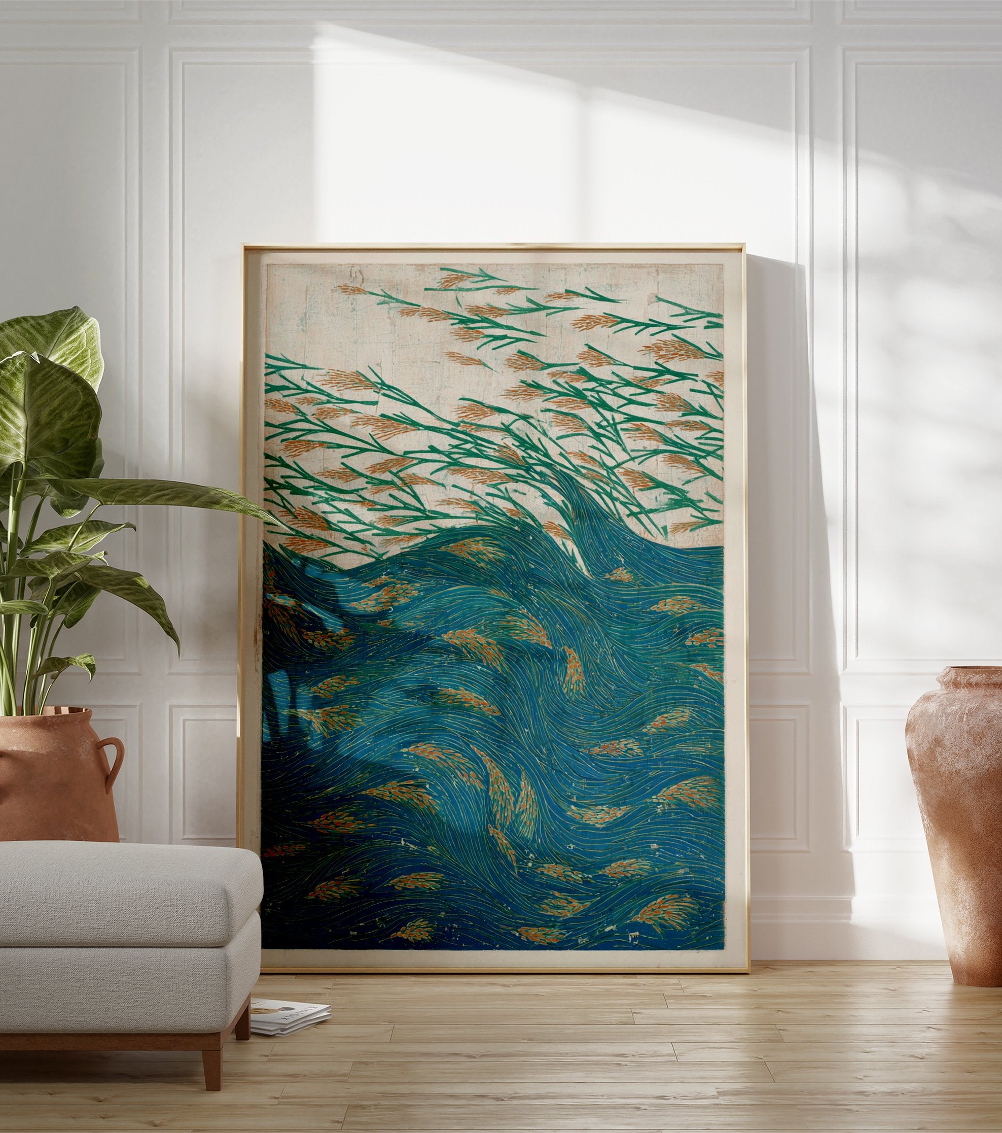 Japanese woodblock style poster of green reeds with orange tips swaying above blue water with orange elements. - Image 3
