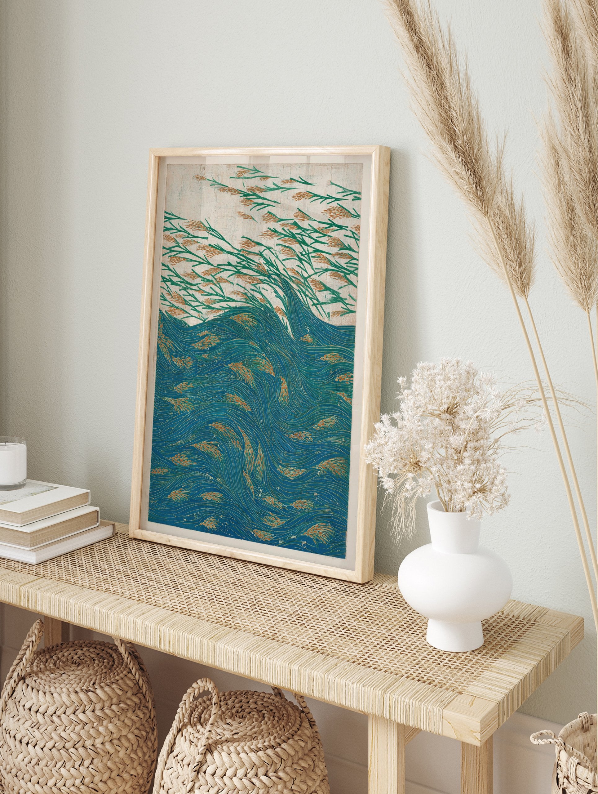 Japanese woodblock style poster of green reeds with orange tips swaying above blue water with orange elements. - Image 4