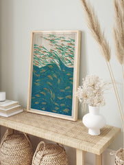 Japanese woodblock style poster of green reeds with orange tips swaying above blue water with orange elements. - Image 4