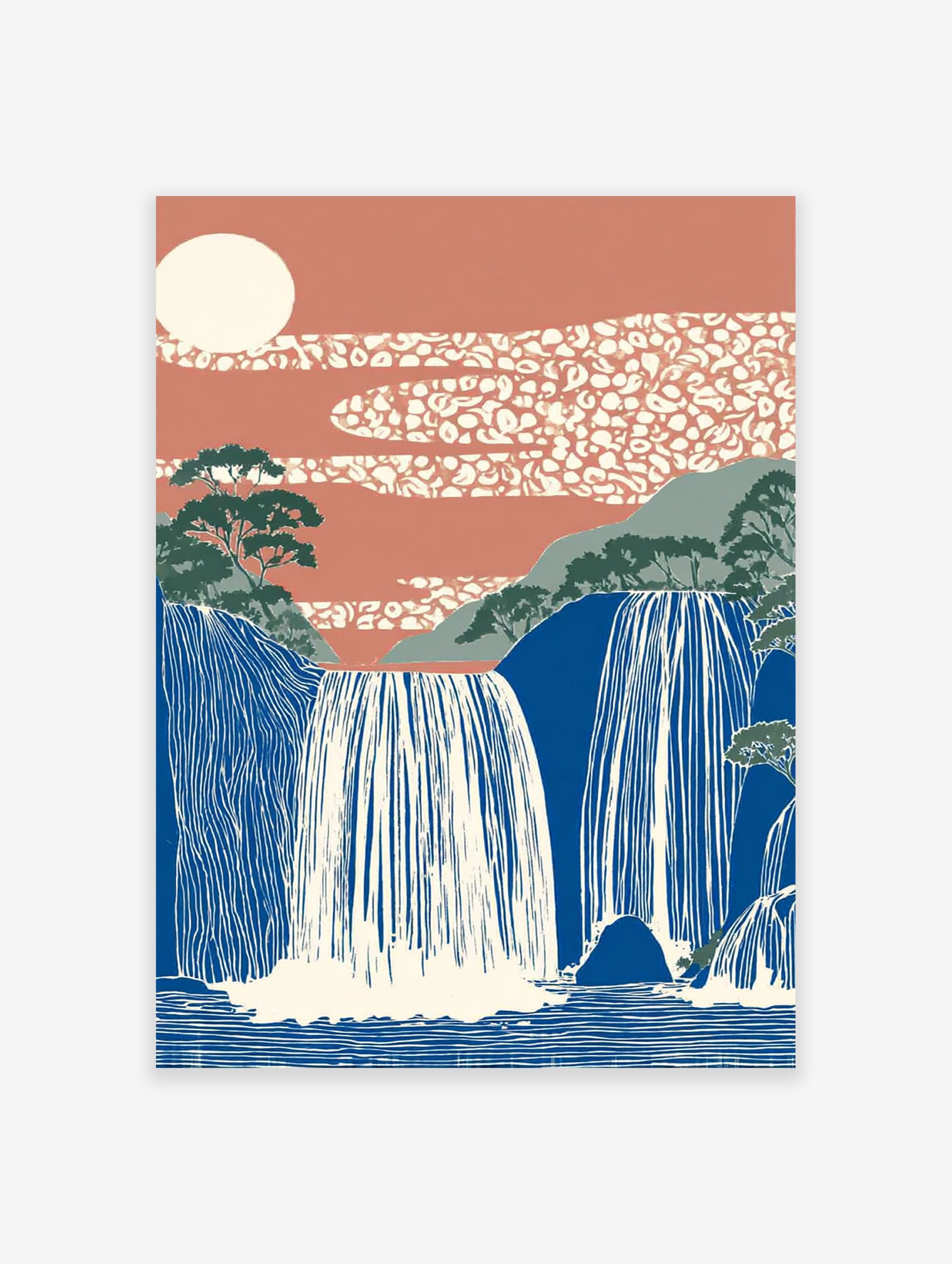 Japanese Waterfall Wall Art featuring blue cascading falls, green mountains, terracotta sky with patterned clouds and a cream sun.