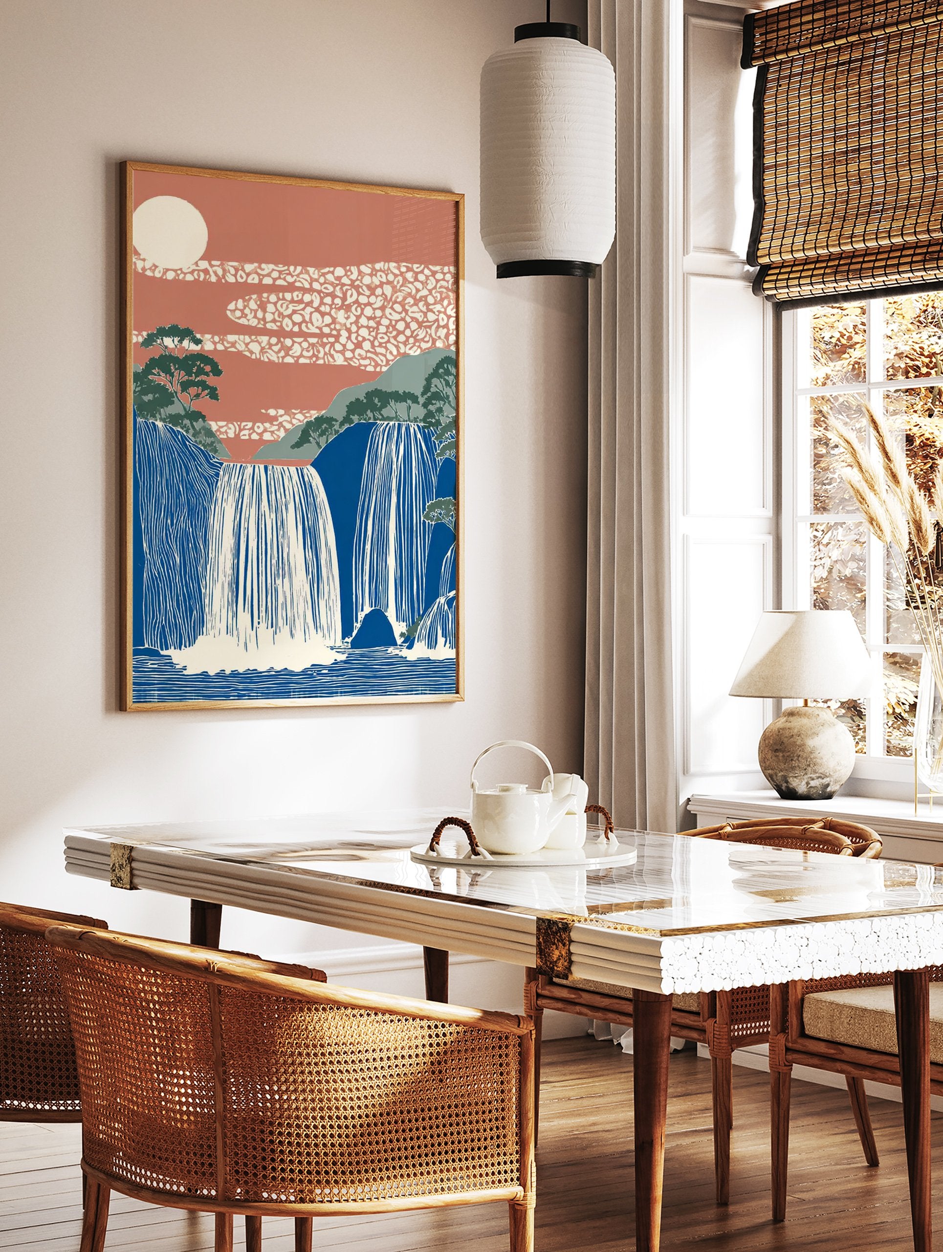 Japanese Waterfall Wall Art featuring blue cascading falls, green mountains, terracotta sky with patterned clouds and a cream sun. - Image 2