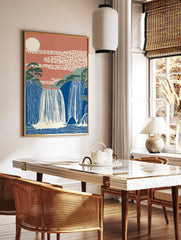Japanese Waterfall Wall Art featuring blue cascading falls, green mountains, terracotta sky with patterned clouds and a cream sun. - Image 2