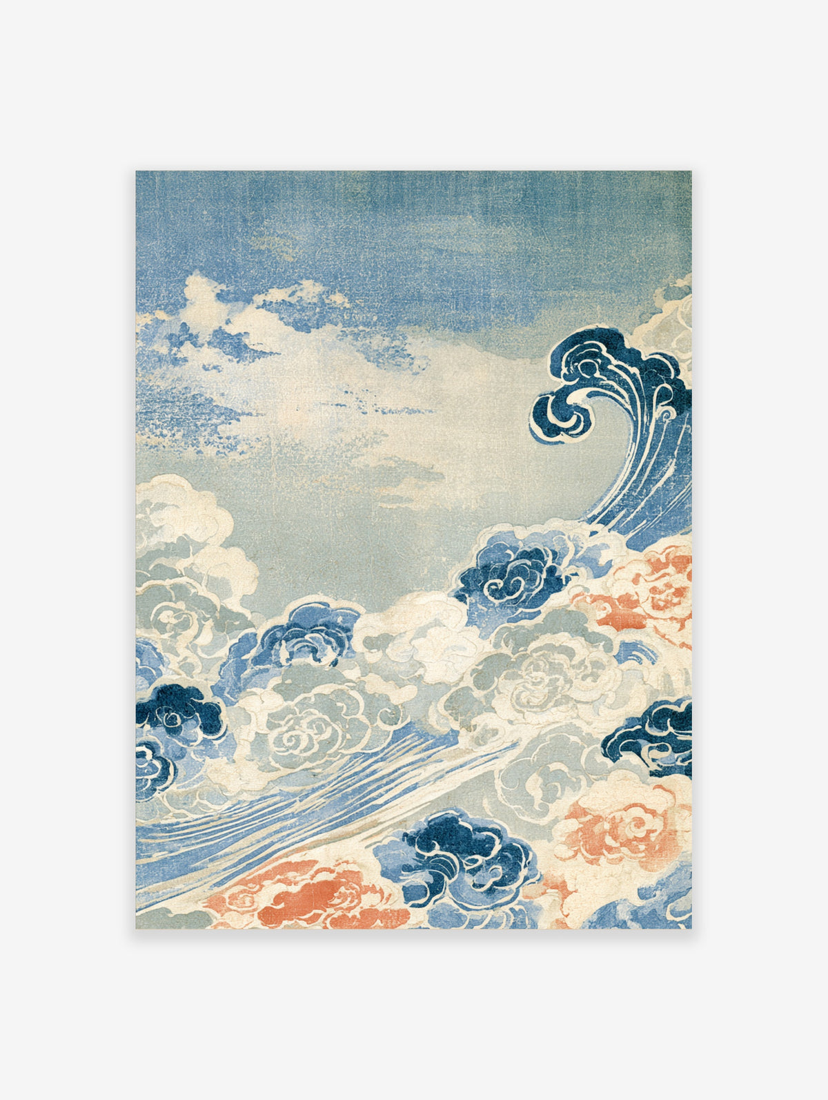 Japanese wave and cloud art print with blue swirls, cream clouds, and coral accents in a vertical composition