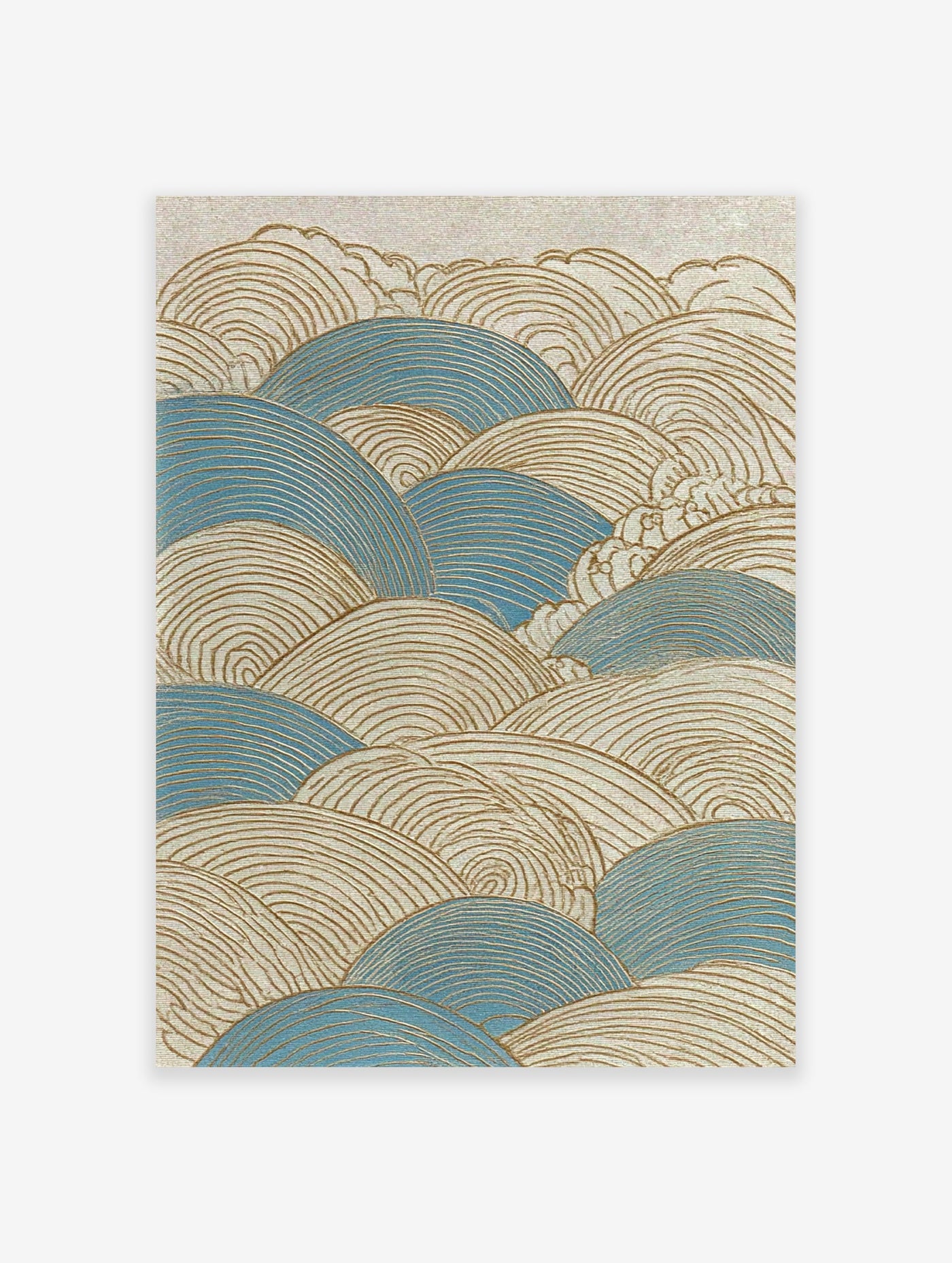 Stylized Japanese wave art print in blue and gold, featuring a textured Seigaiha pattern