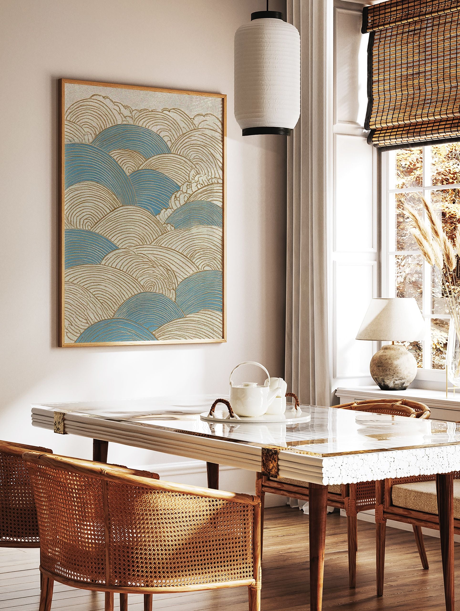 Stylized Japanese wave art print in blue and gold, featuring a textured Seigaiha pattern - Image 2