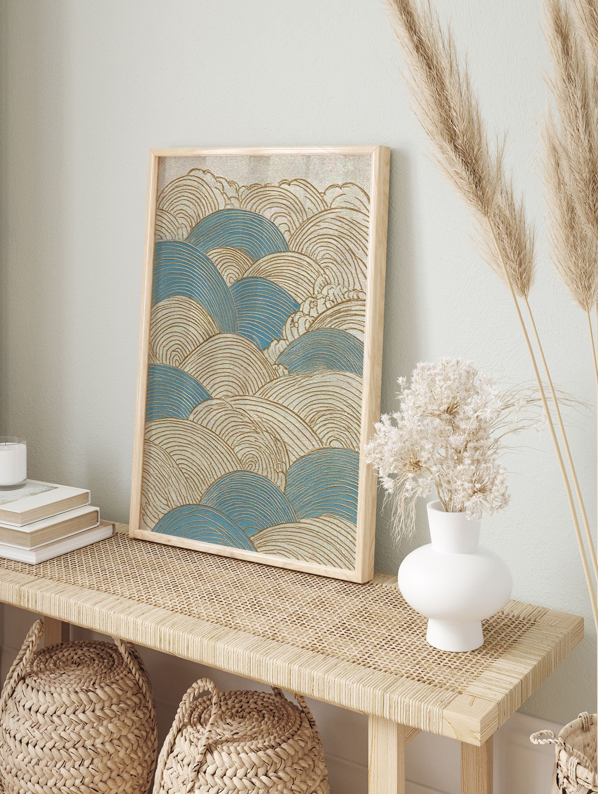 Stylized Japanese wave art print in blue and gold, featuring a textured Seigaiha pattern - Image 3