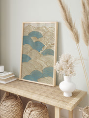 Stylized Japanese wave art print in blue and gold, featuring a textured Seigaiha pattern - Image 3