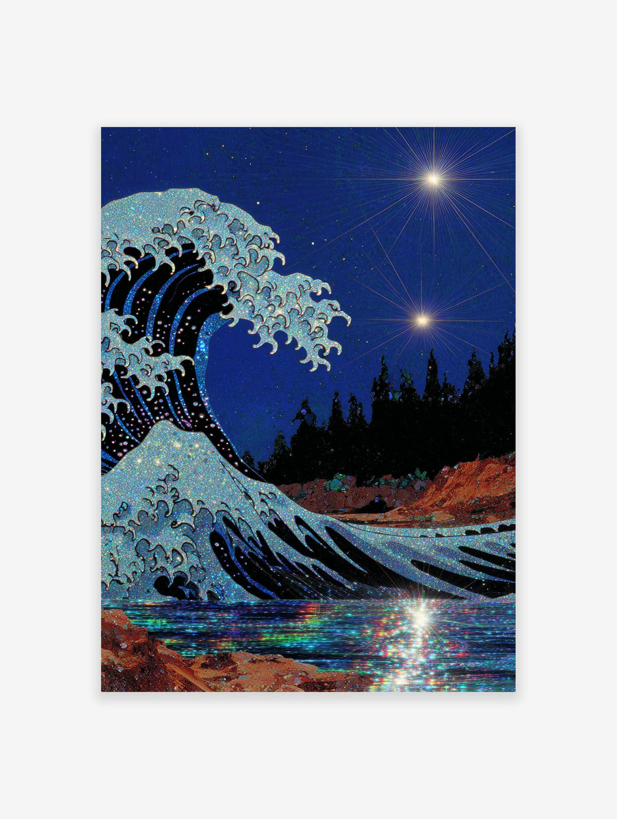 Sparkling Japanese Wave Art with a glittery ocean, two bright stars in a dark blue night sky, and colorful reflections on the water.