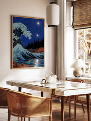 Sparkling Japanese Wave Art with a glittery ocean, two bright stars in a dark blue night sky, and colorful reflections on the water. - Image 2
