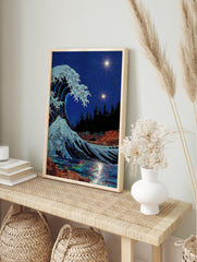 Sparkling Japanese Wave Art with a glittery ocean, two bright stars in a dark blue night sky, and colorful reflections on the water. - Image 3