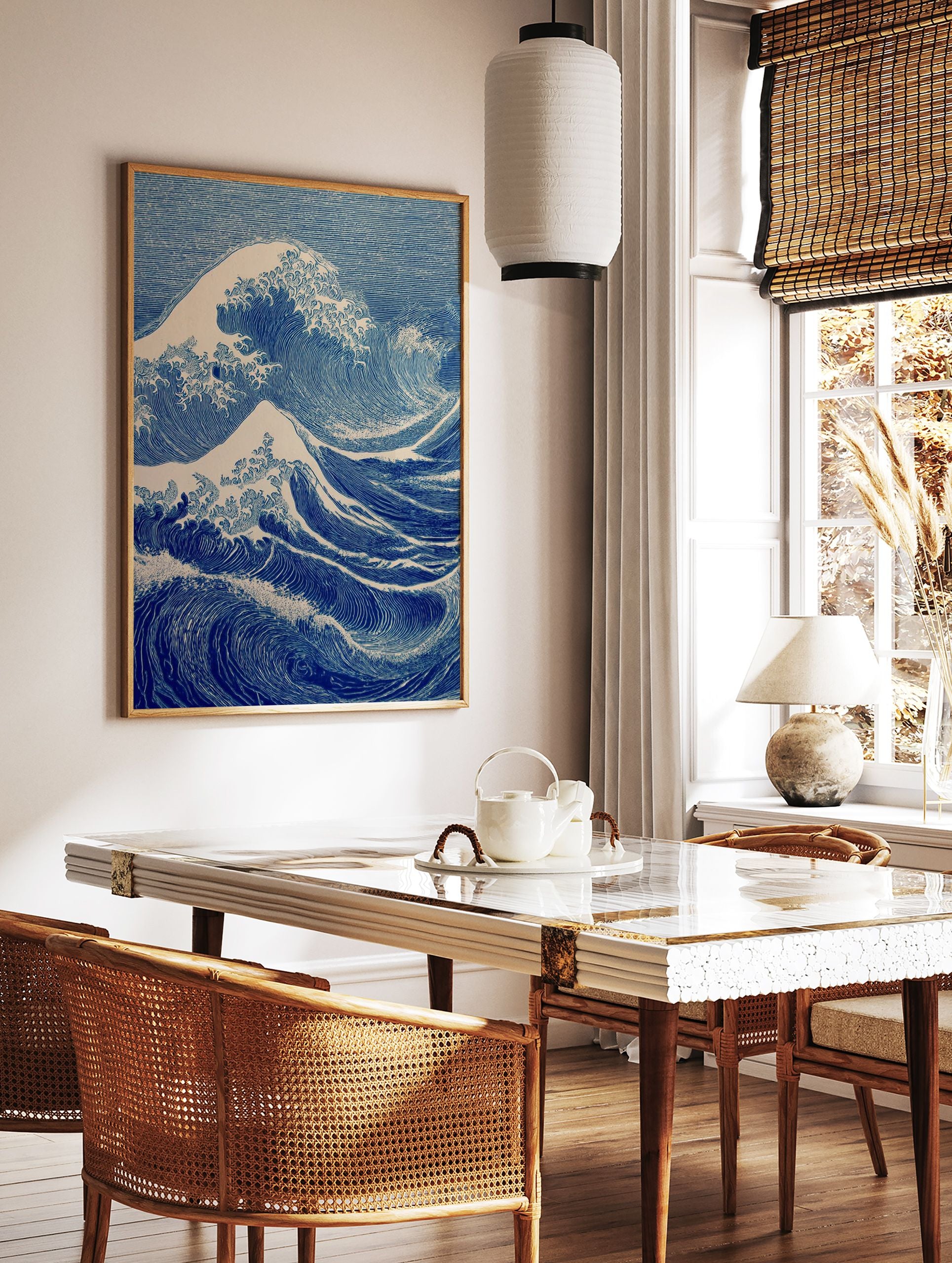 Blue Japanese Ukiyo-e style ocean wave art print with white foam on a white background. - Image 2