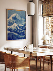 Blue Japanese Ukiyo-e style ocean wave art print with white foam on a white background. - Image 2