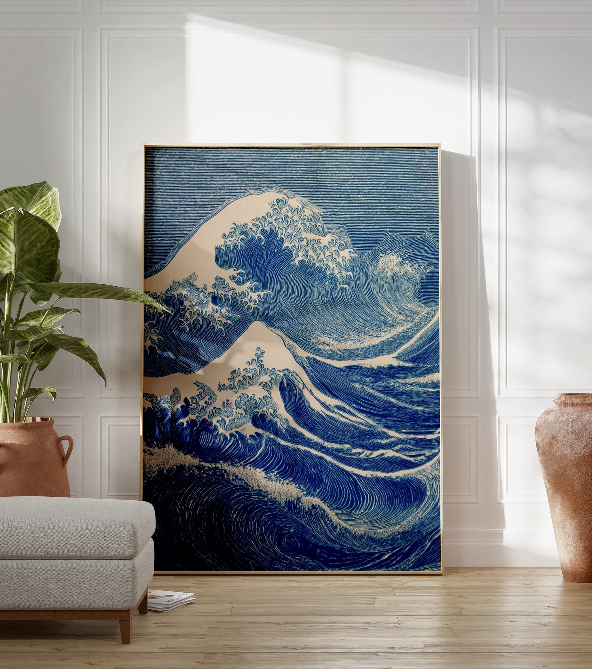 Blue Japanese Ukiyo-e style ocean wave art print with white foam on a white background. - Image 3