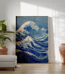 Blue Japanese Ukiyo-e style ocean wave art print with white foam on a white background. - Image 3