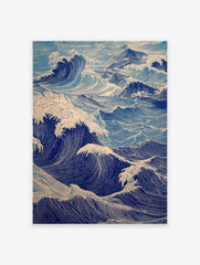 Illustrative Japanese wave art print featuring dramatic blue ocean waves and white foam in Ukiyo-e style.