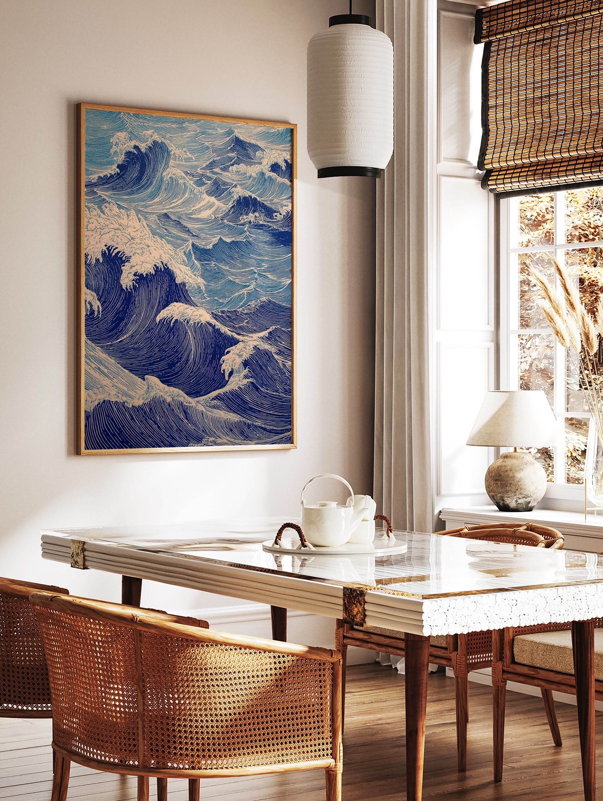 Illustrative Japanese wave art print featuring dramatic blue ocean waves and white foam in Ukiyo-e style. - Image 2