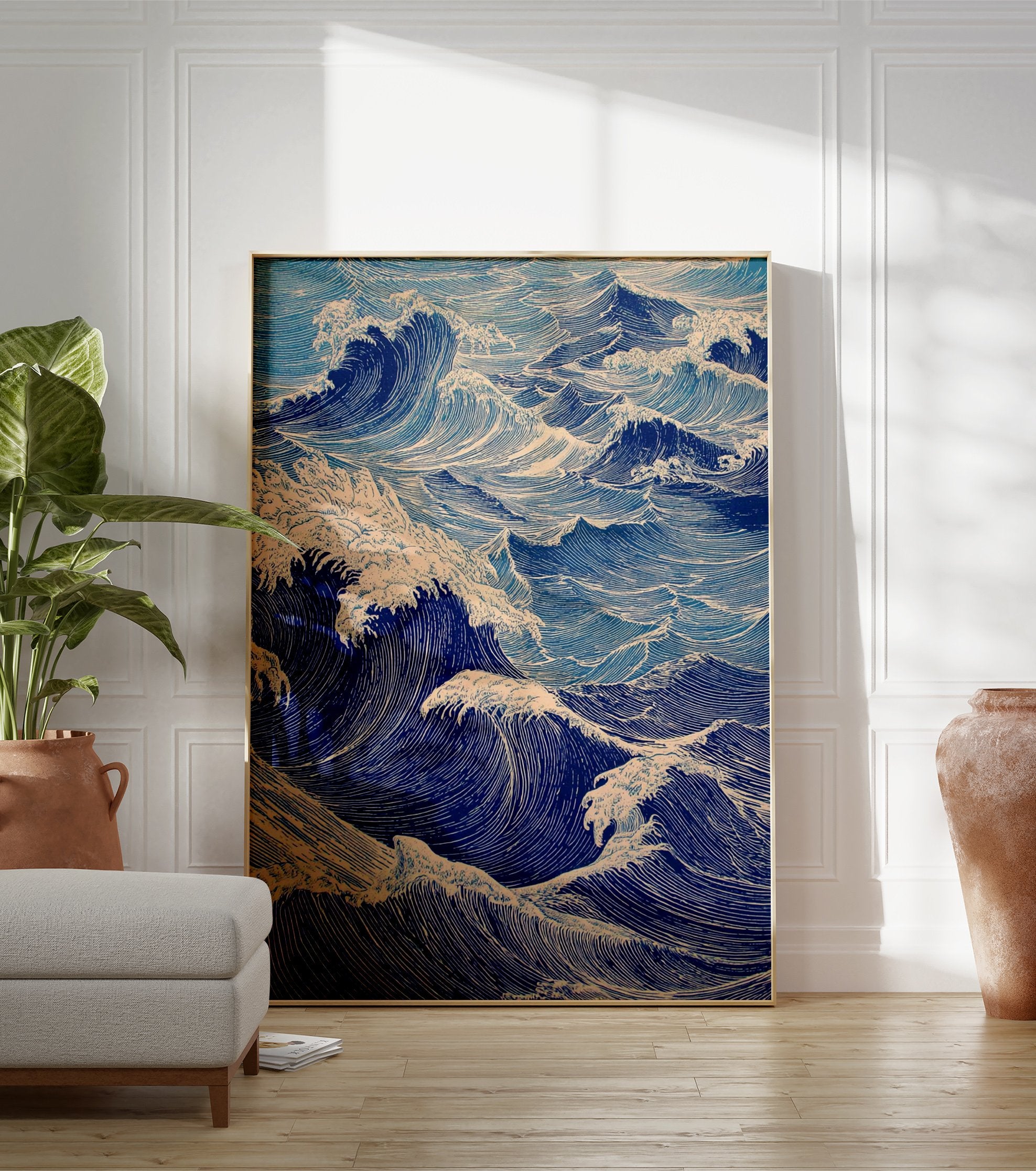 Illustrative Japanese wave art print featuring dramatic blue ocean waves and white foam in Ukiyo-e style. - Image 3
