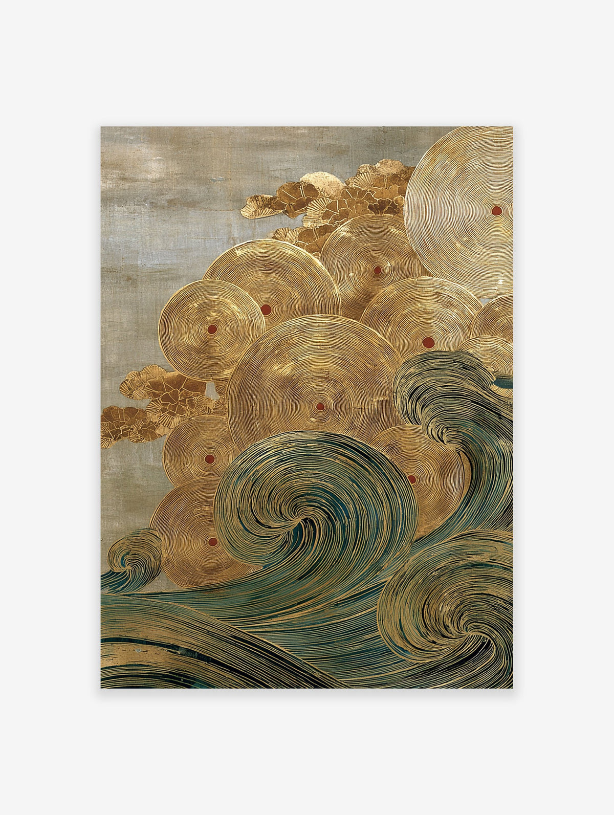 Abstract Japanese wave art print with gold concentric circles, teal swirls, and a textured grey background.