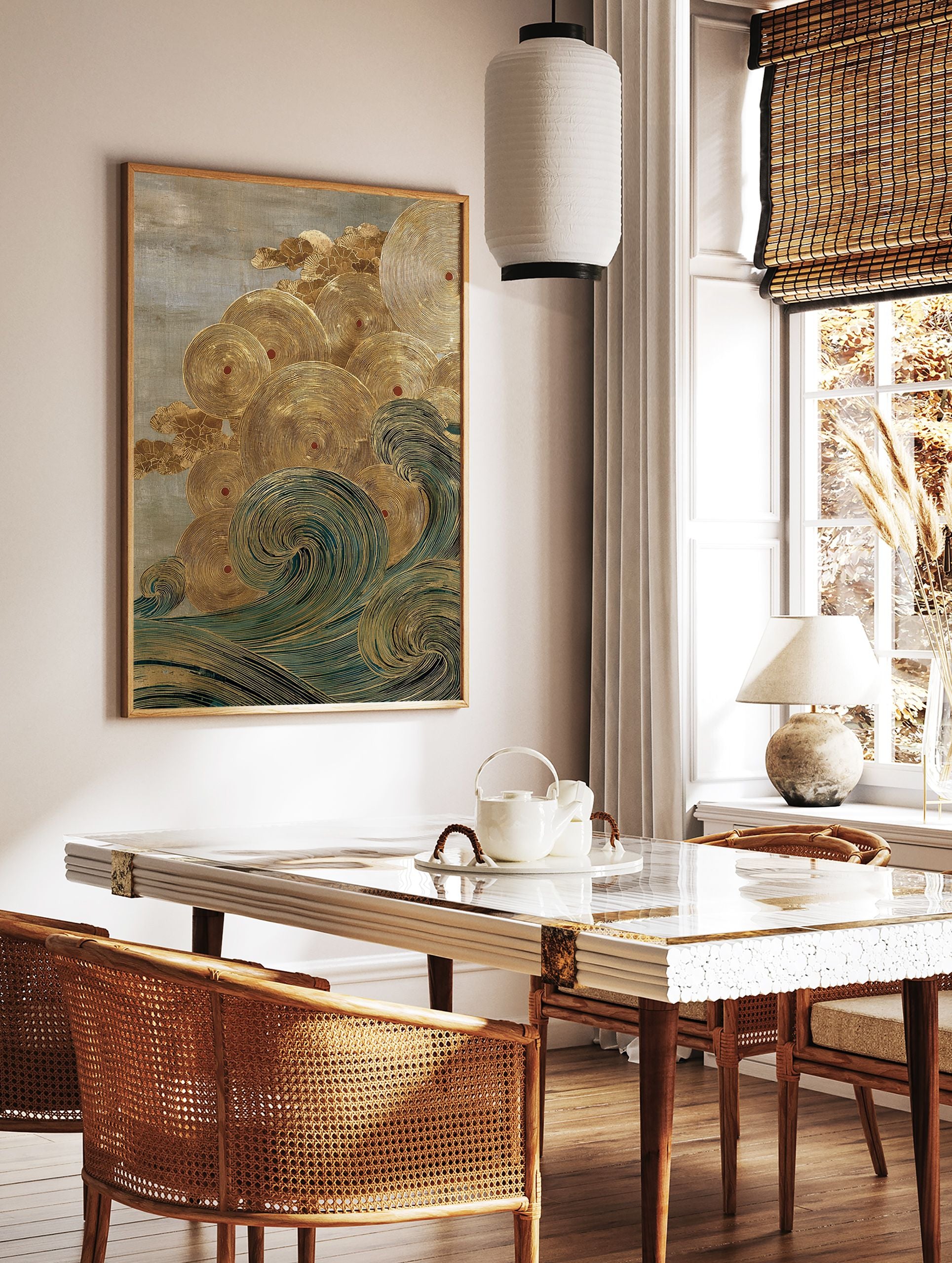 Abstract Japanese wave art print with gold concentric circles, teal swirls, and a textured grey background. - Image 2