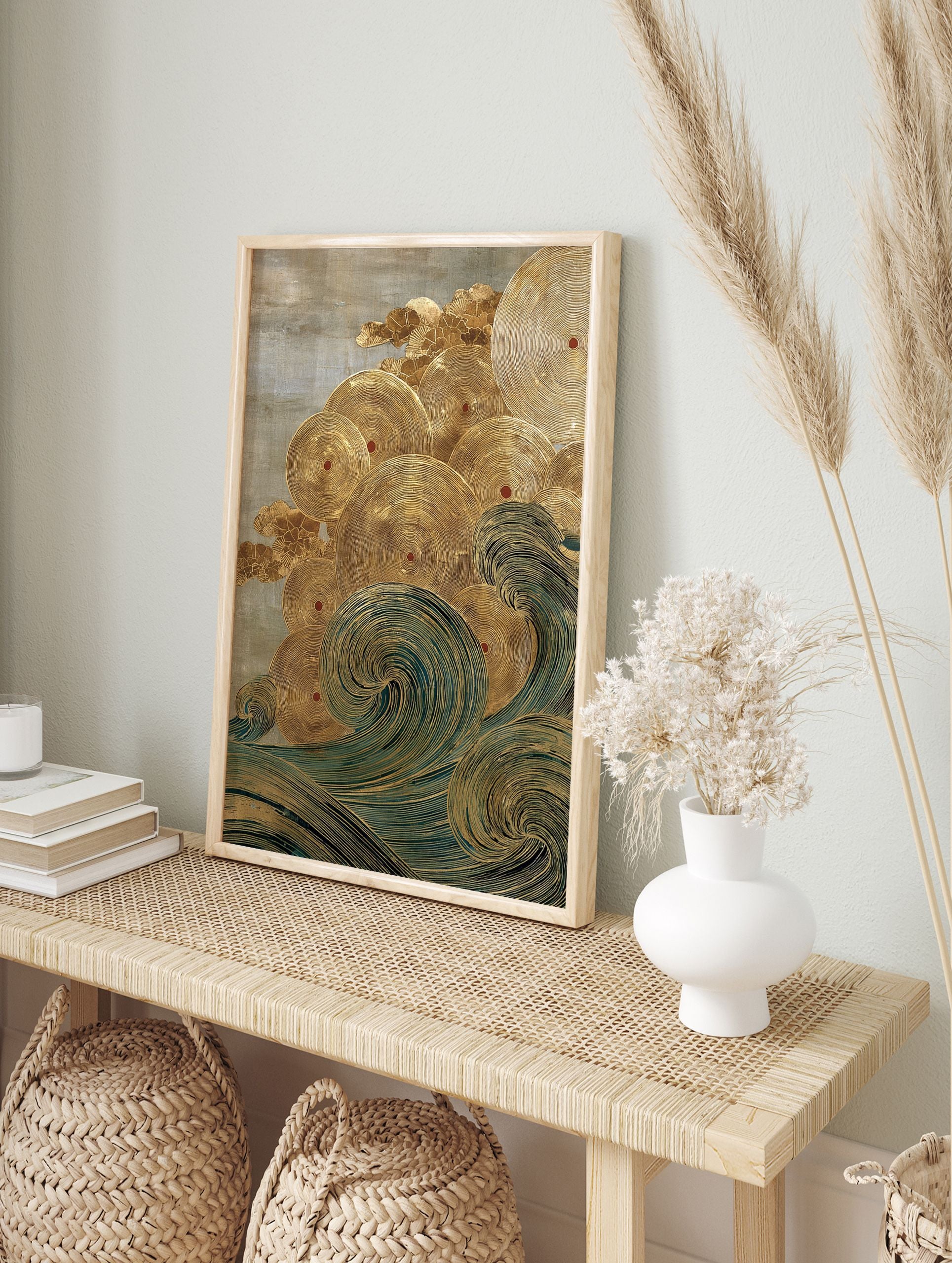 Abstract Japanese wave art print with gold concentric circles, teal swirls, and a textured grey background. - Image 3