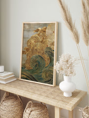 Abstract Japanese wave art print with gold concentric circles, teal swirls, and a textured grey background. - Image 3