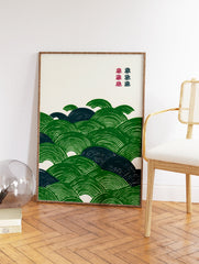 Traditional Japanese wave art print in green and dark blue, featuring a Seigaiha pattern on a light background. - Image 2