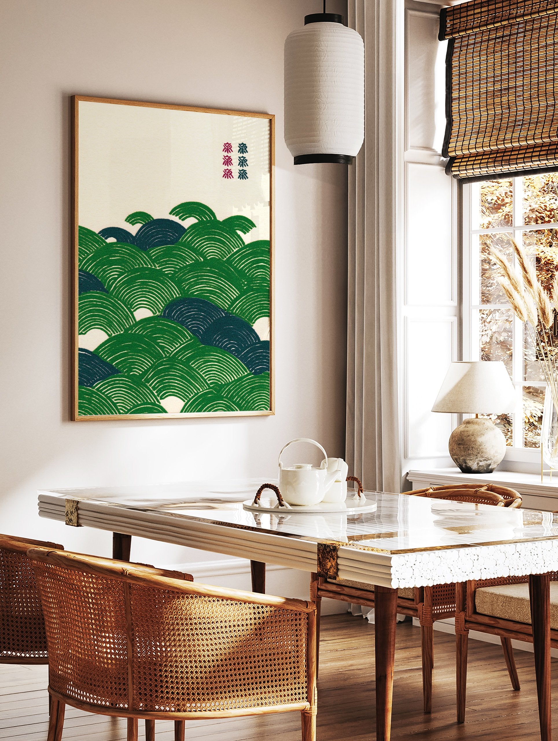 Traditional Japanese wave art print in green and dark blue, featuring a Seigaiha pattern on a light background. - Image 3