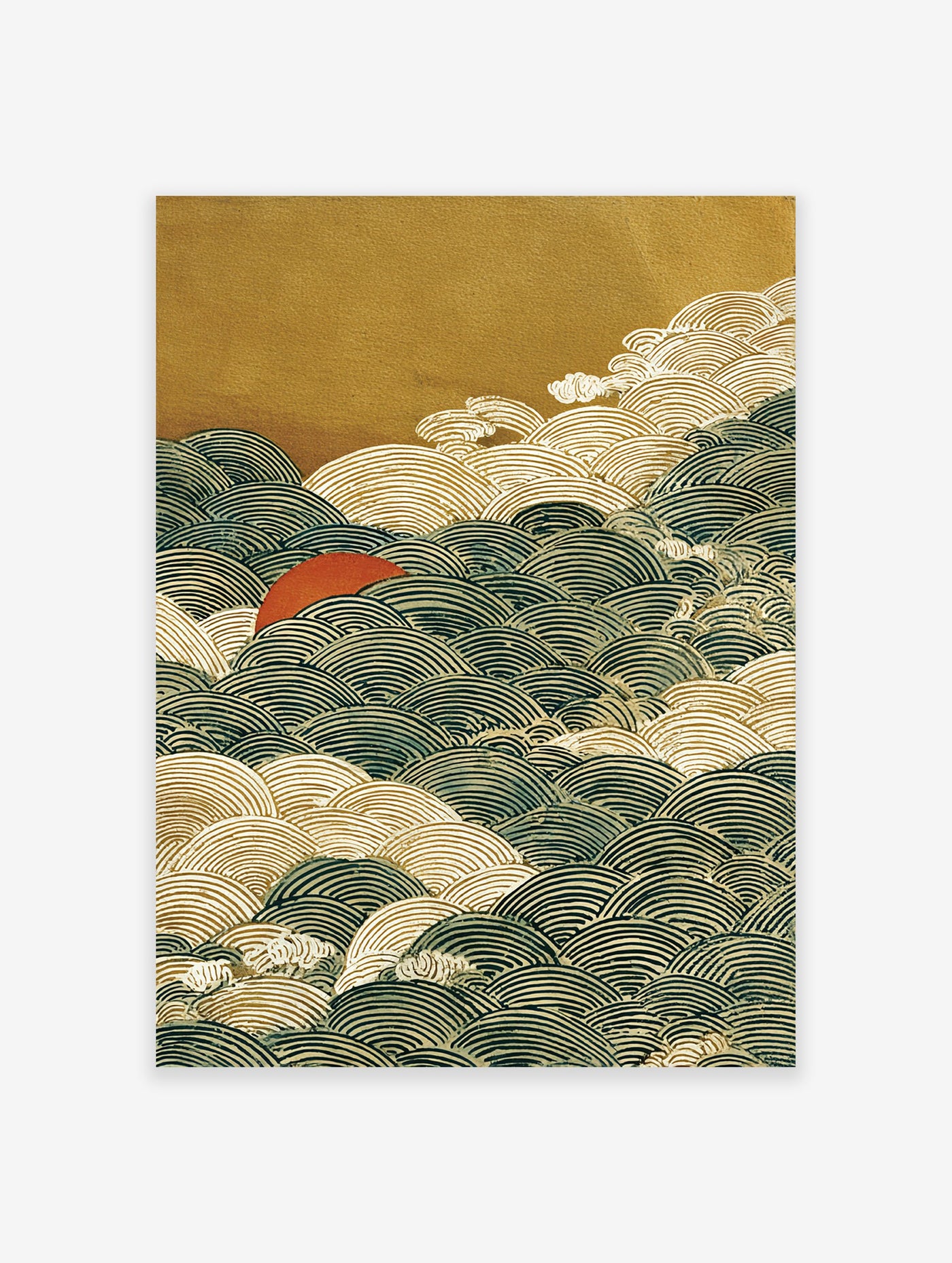 Traditional Japanese wave art print with a red sun rising over dark blue and gold waves against a textured golden sky.