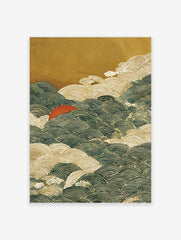 Traditional Japanese wave art print with a red sun rising over dark blue and gold waves against a textured golden sky.