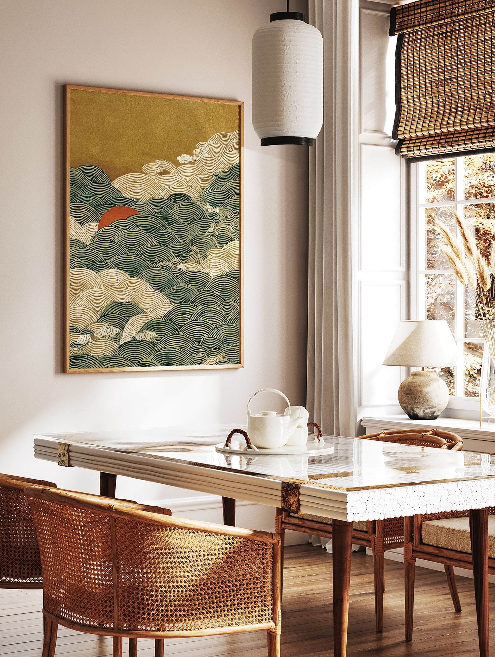 Traditional Japanese wave art print with a red sun rising over dark blue and gold waves against a textured golden sky. - Image 2