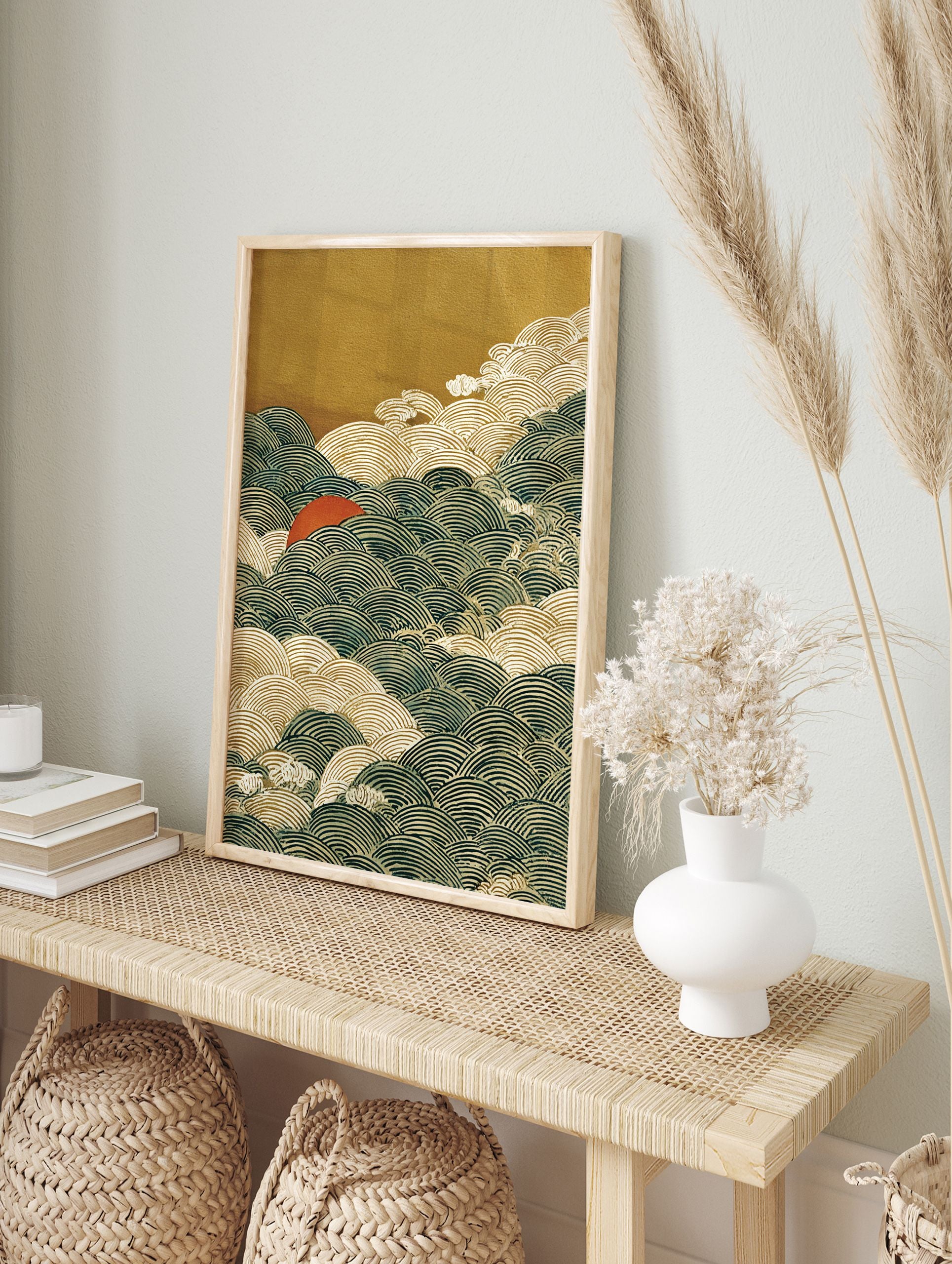 Traditional Japanese wave art print with a red sun rising over dark blue and gold waves against a textured golden sky. - Image 3