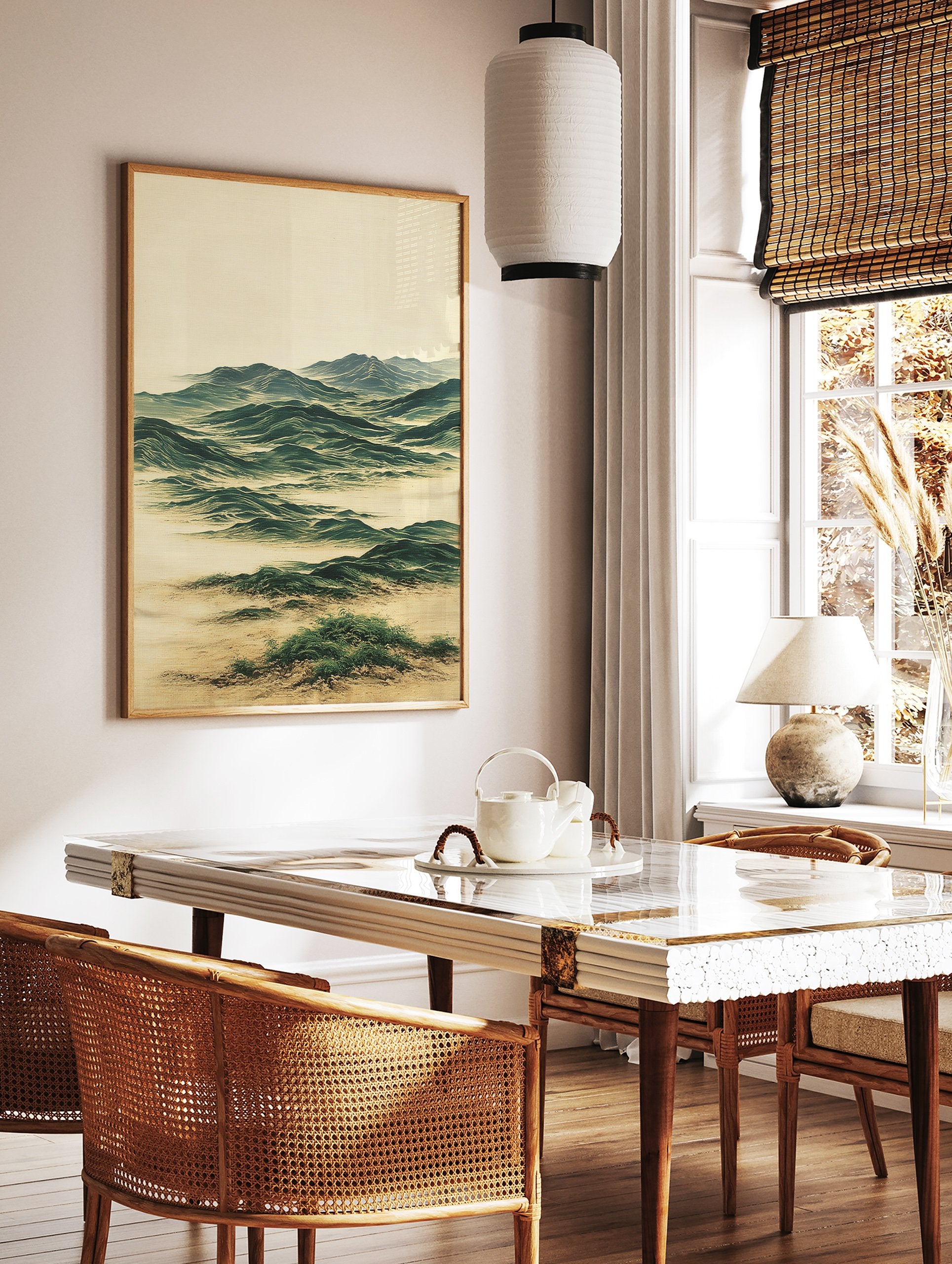 Japanese wave landscape wall art print with green waves and beige foreground on textured canvas, unframed minimalist style. - Image 2