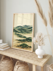 Japanese wave landscape wall art print with green waves and beige foreground on textured canvas, unframed minimalist style. - Image 3