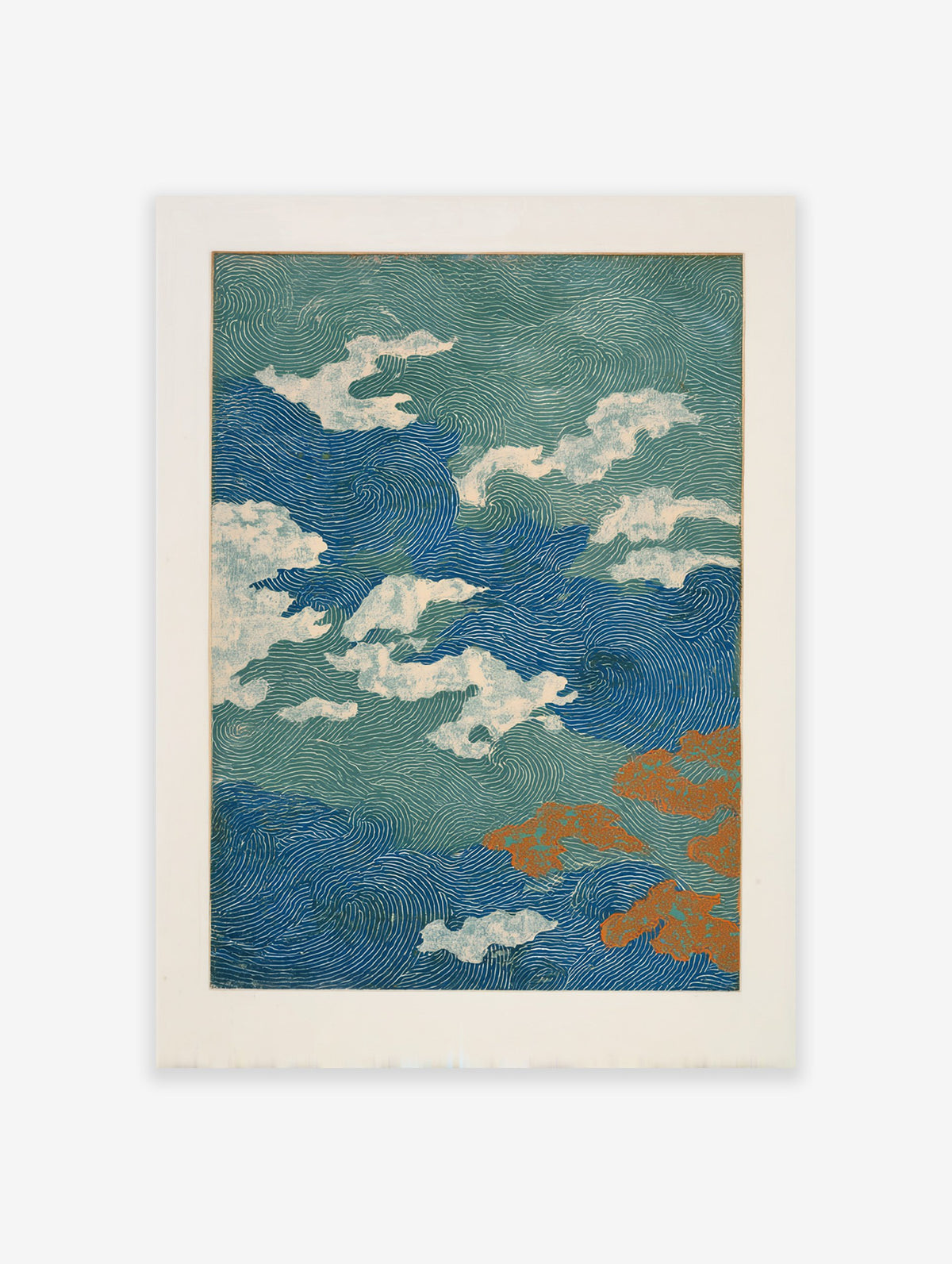 Japanese wave pattern poster with dynamic blue and green swirls, white clouds, and orange abstract shapes.