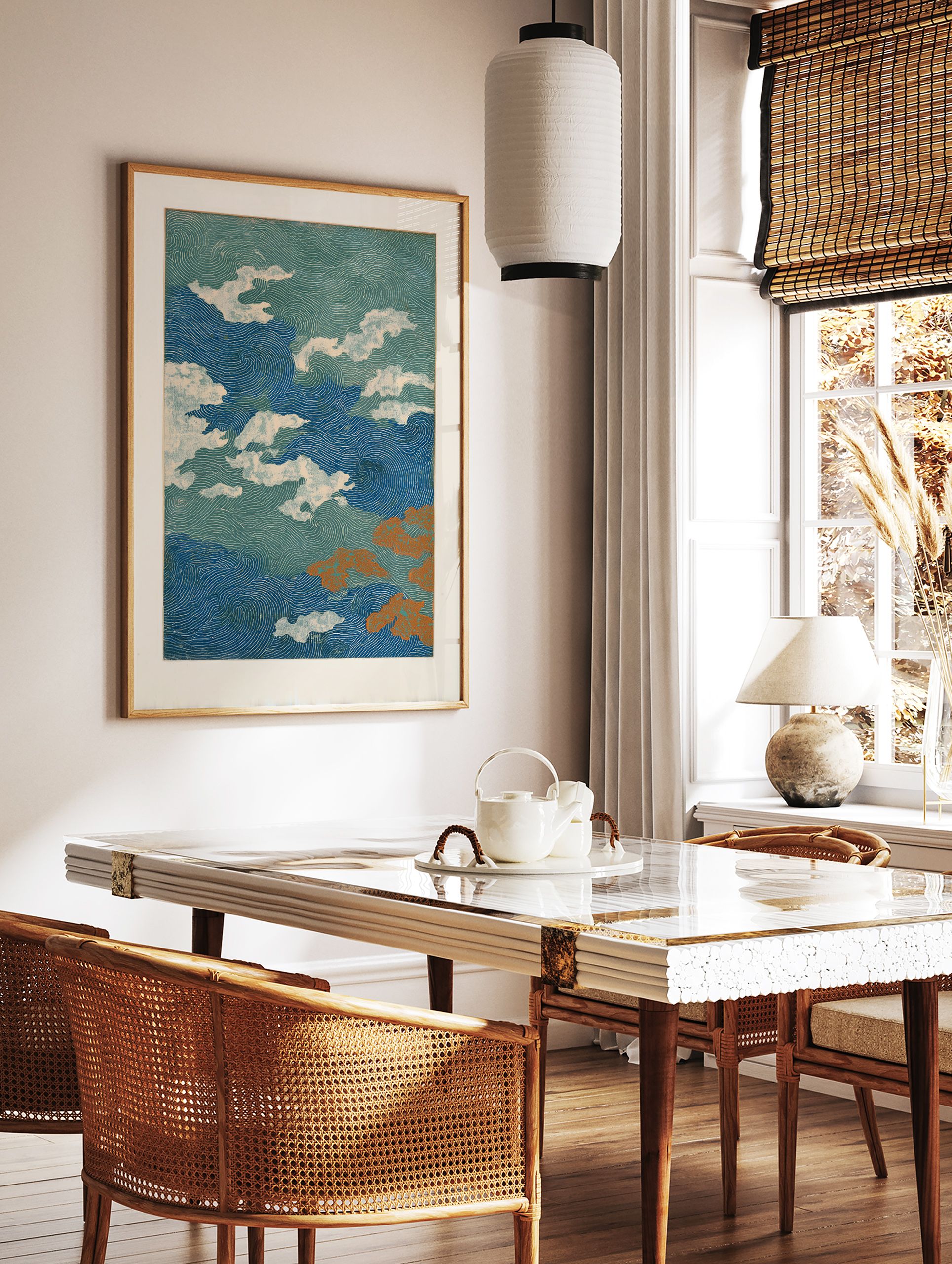 Japanese wave pattern poster with dynamic blue and green swirls, white clouds, and orange abstract shapes. - Image 2