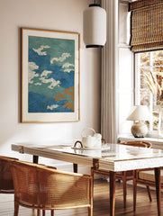 Japanese wave pattern poster with dynamic blue and green swirls, white clouds, and orange abstract shapes. - Image 2