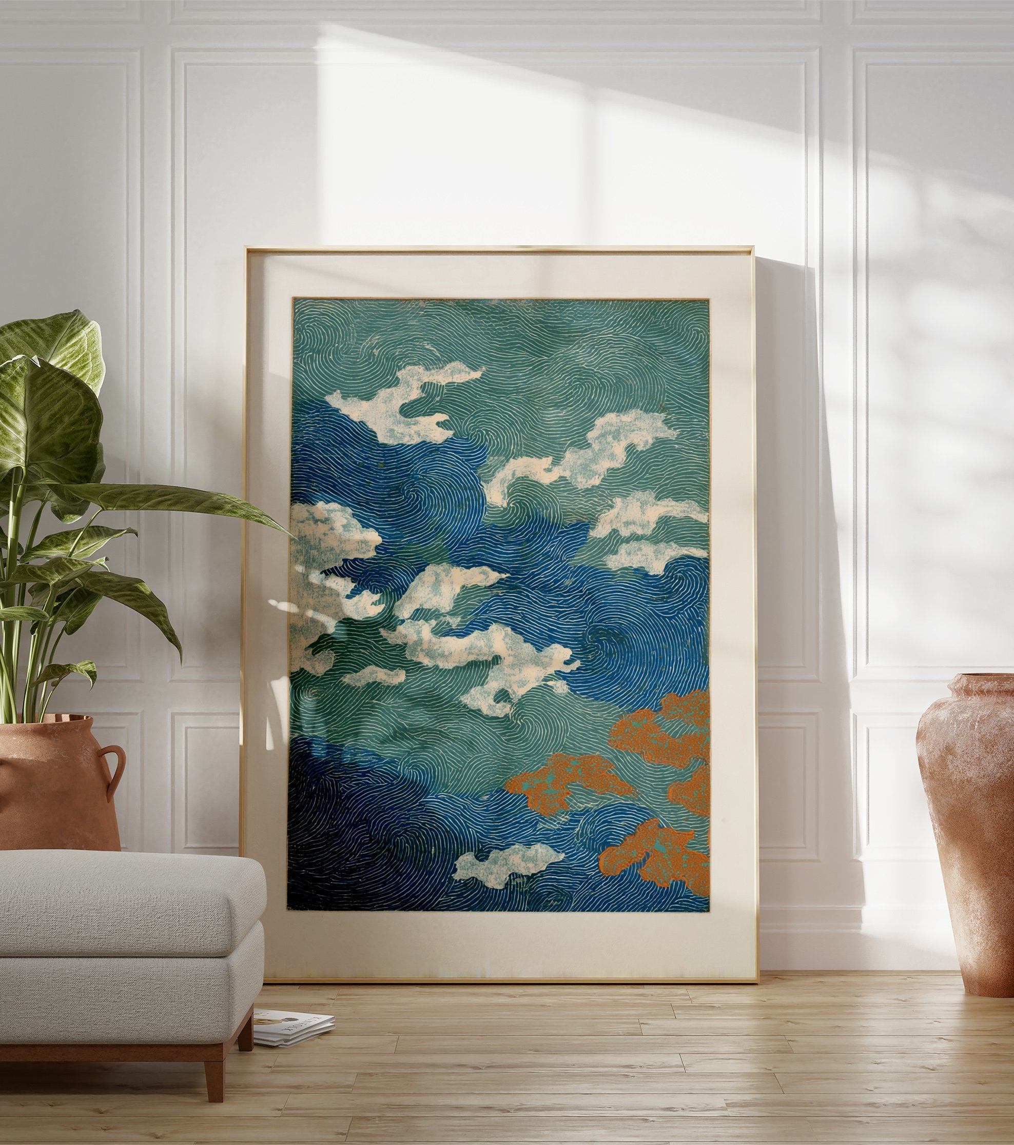 Japanese wave pattern poster with dynamic blue and green swirls, white clouds, and orange abstract shapes. - Image 3