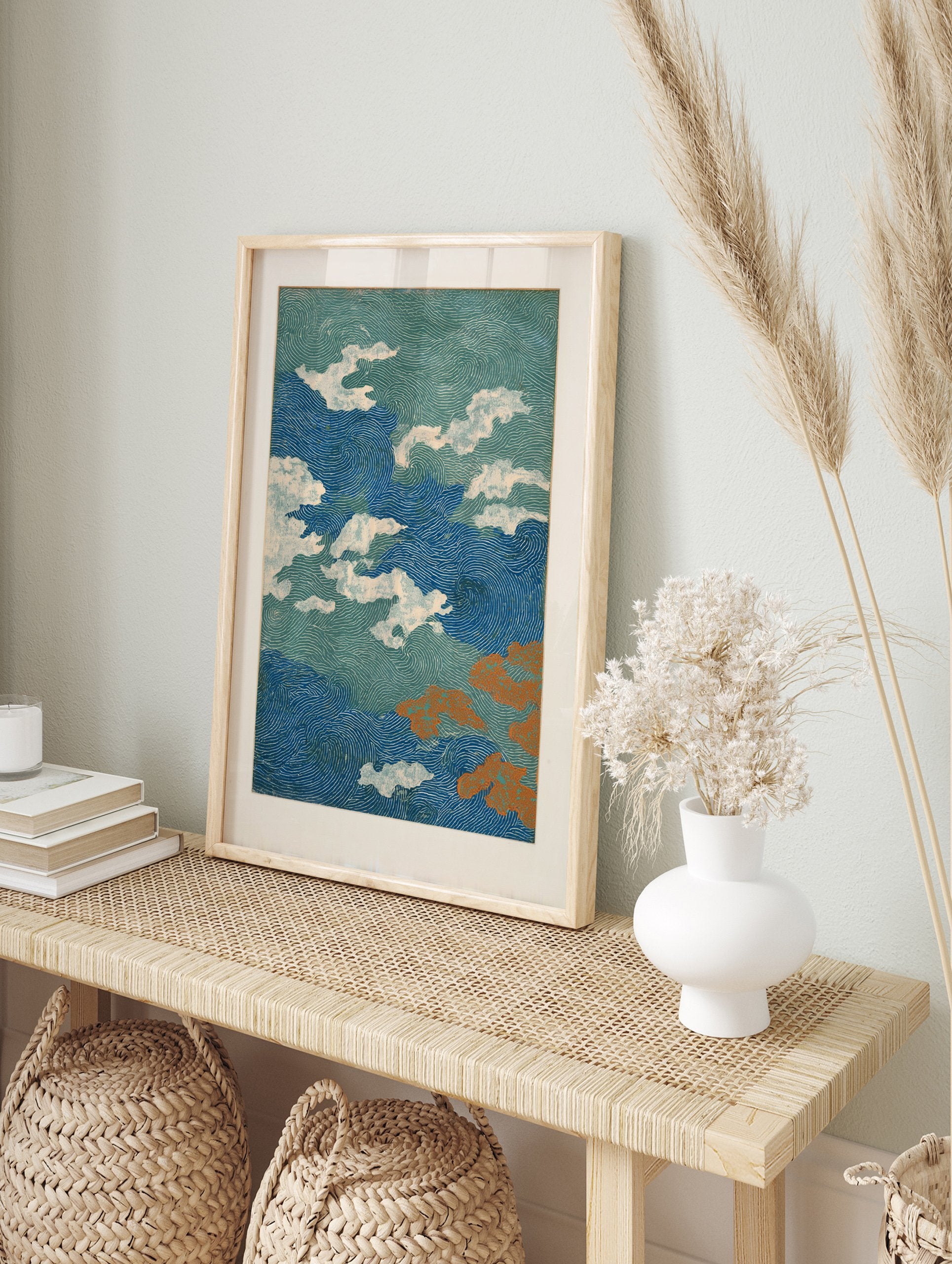 Japanese wave pattern poster with dynamic blue and green swirls, white clouds, and orange abstract shapes. - Image 4