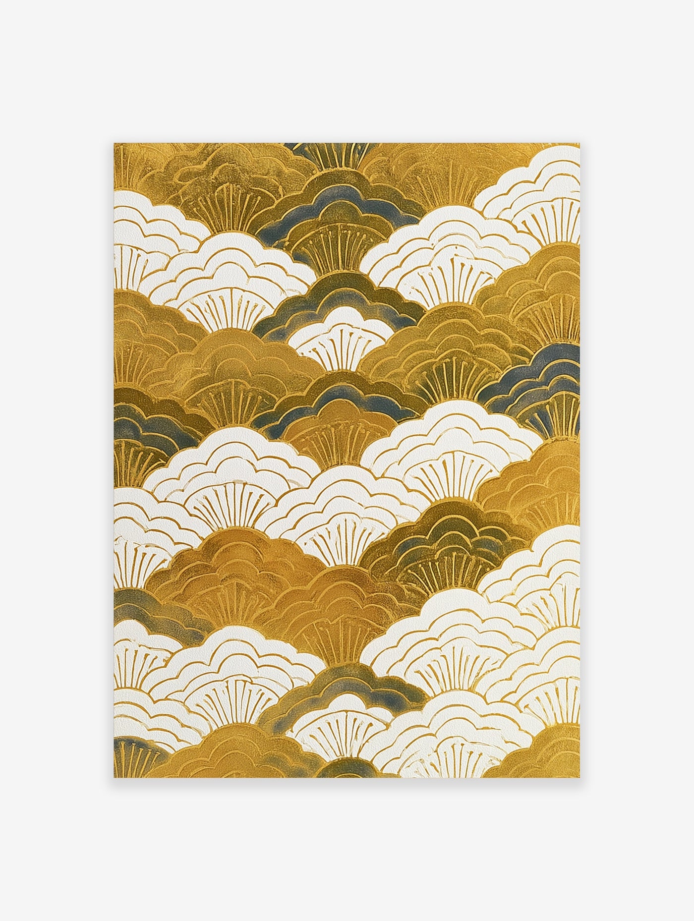 Japanese wave pattern art print with overlapping gold, white, and dark blue fan motifs on a satin paper background