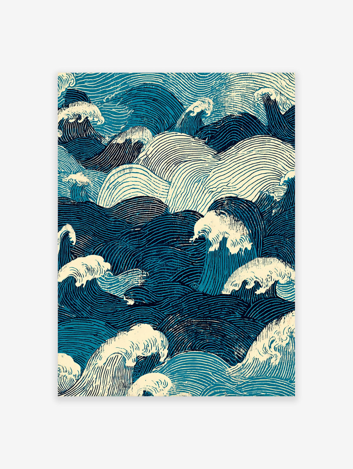 Japanese wave poster featuring intricate blue and off-white ocean waves in a traditional Ukiyo-e style illustration.